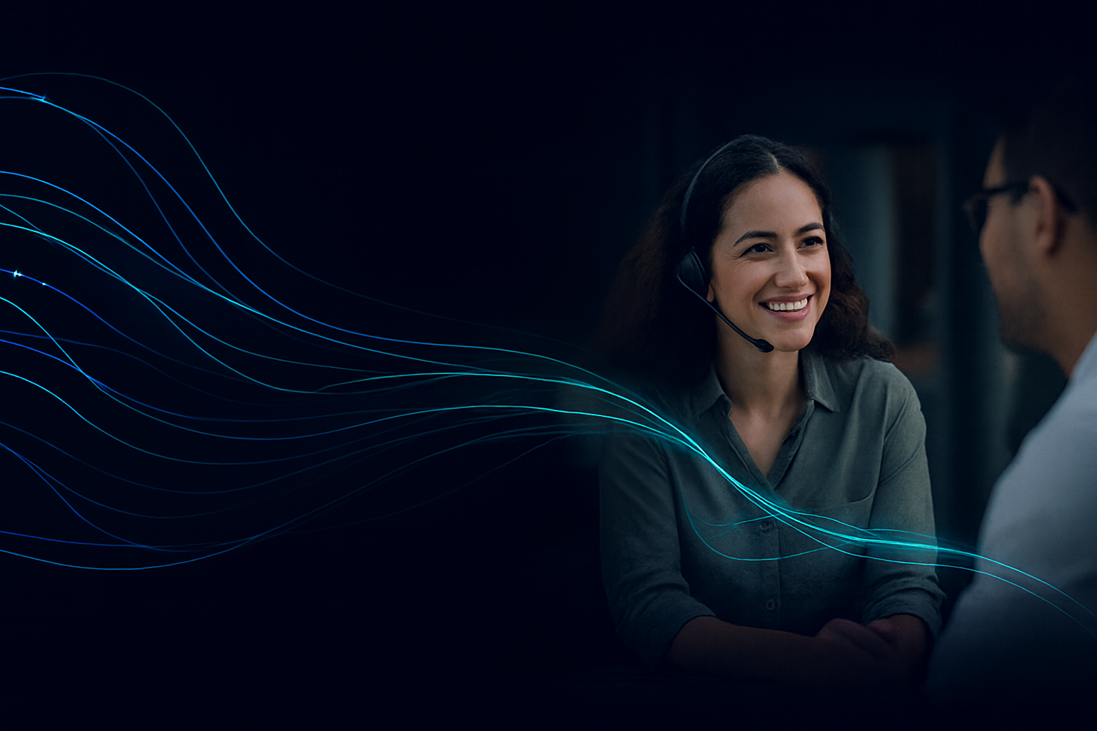 Call centre agent assisted by AI data overlays, representing AI for customer experience.