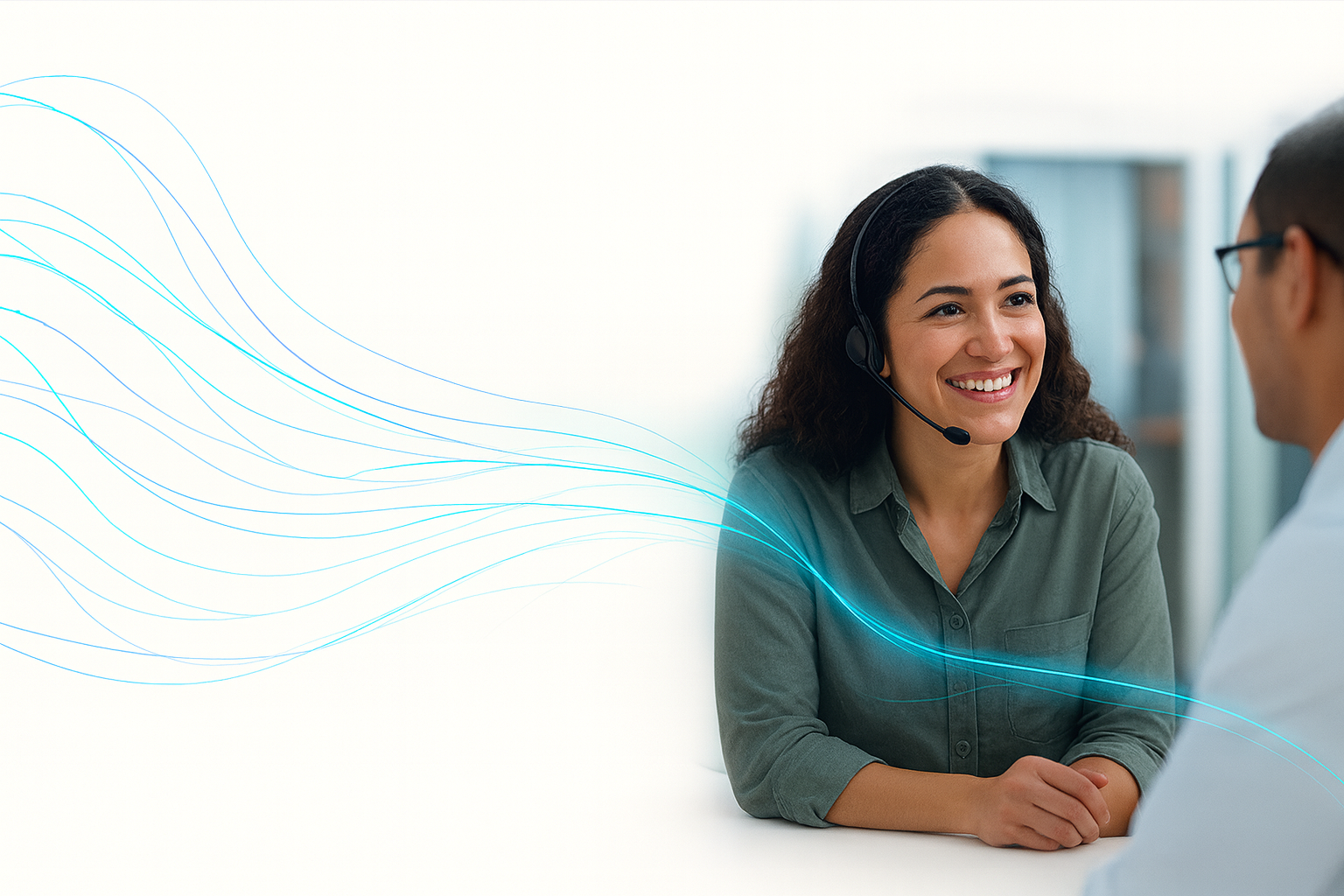 Call centre agent assisted by AI data overlays, representing AI for customer experience.