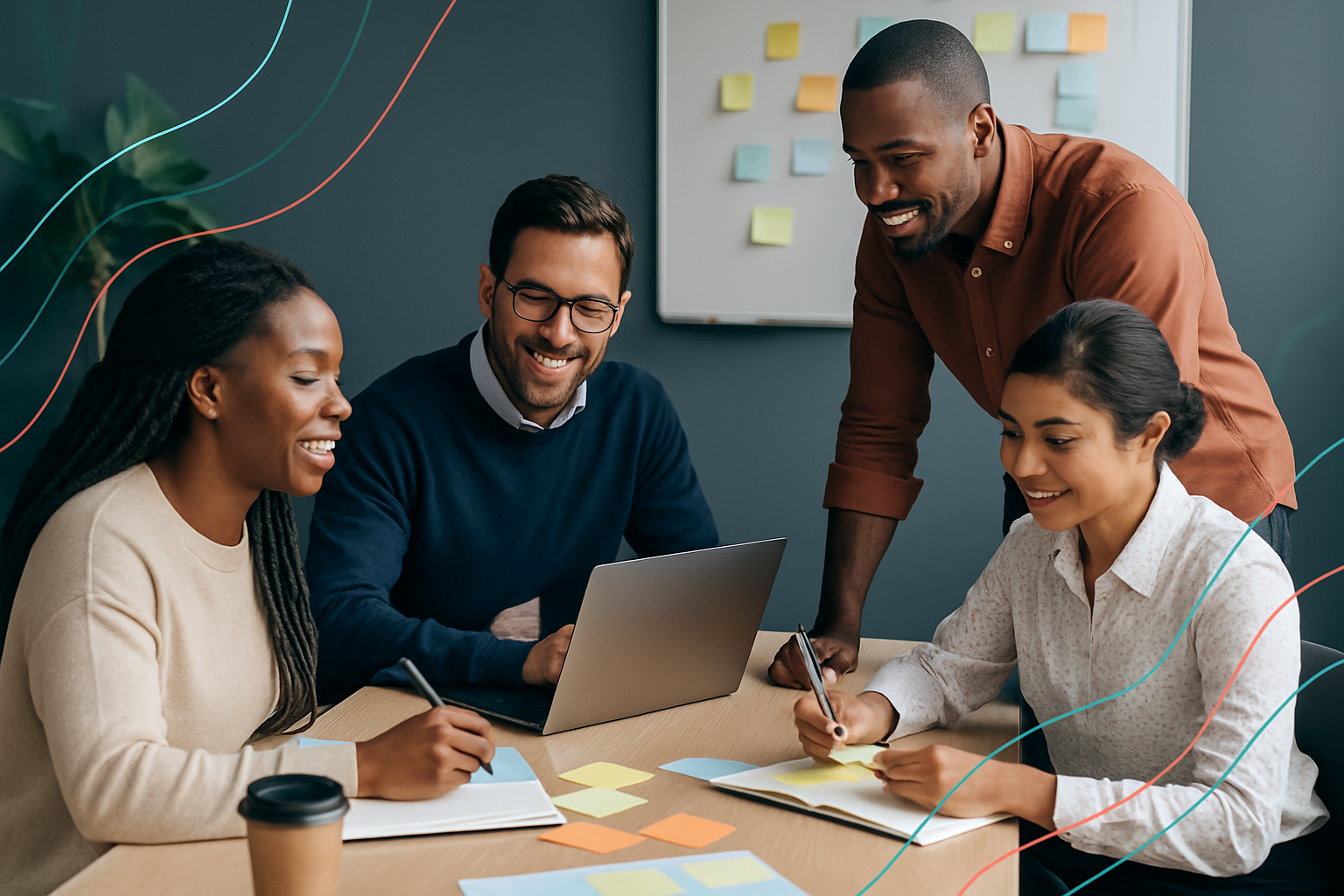 Business consultants and stakeholders collaborating in a customer experience workshop with AI data overlays.