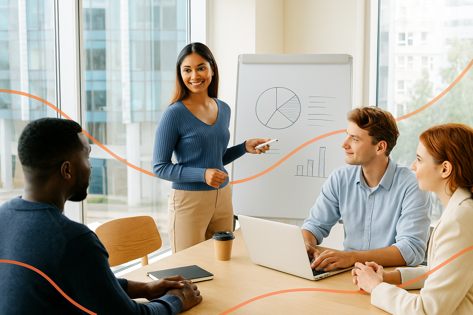 Business consultants and stakeholders collaborating in a customer experience workshop with AI data overlays.