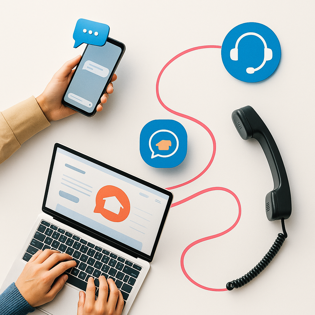 Placeholder illustration showing connected voice, chat, and digital touchpoints.