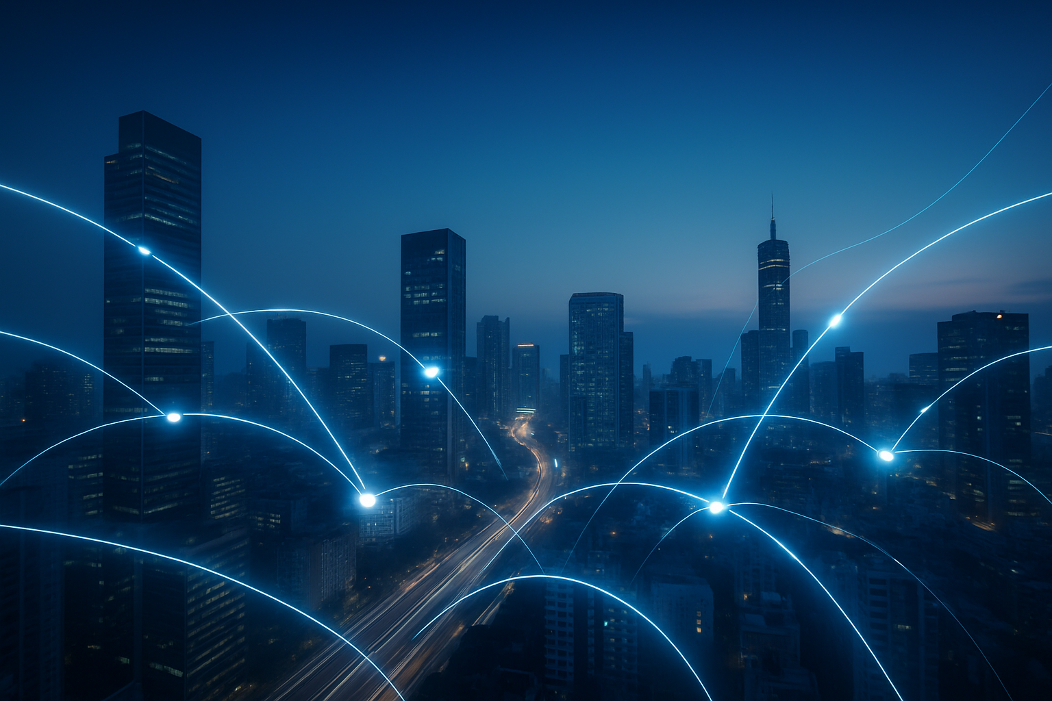 City skyline connected by luminous data pathways representing modern financial services